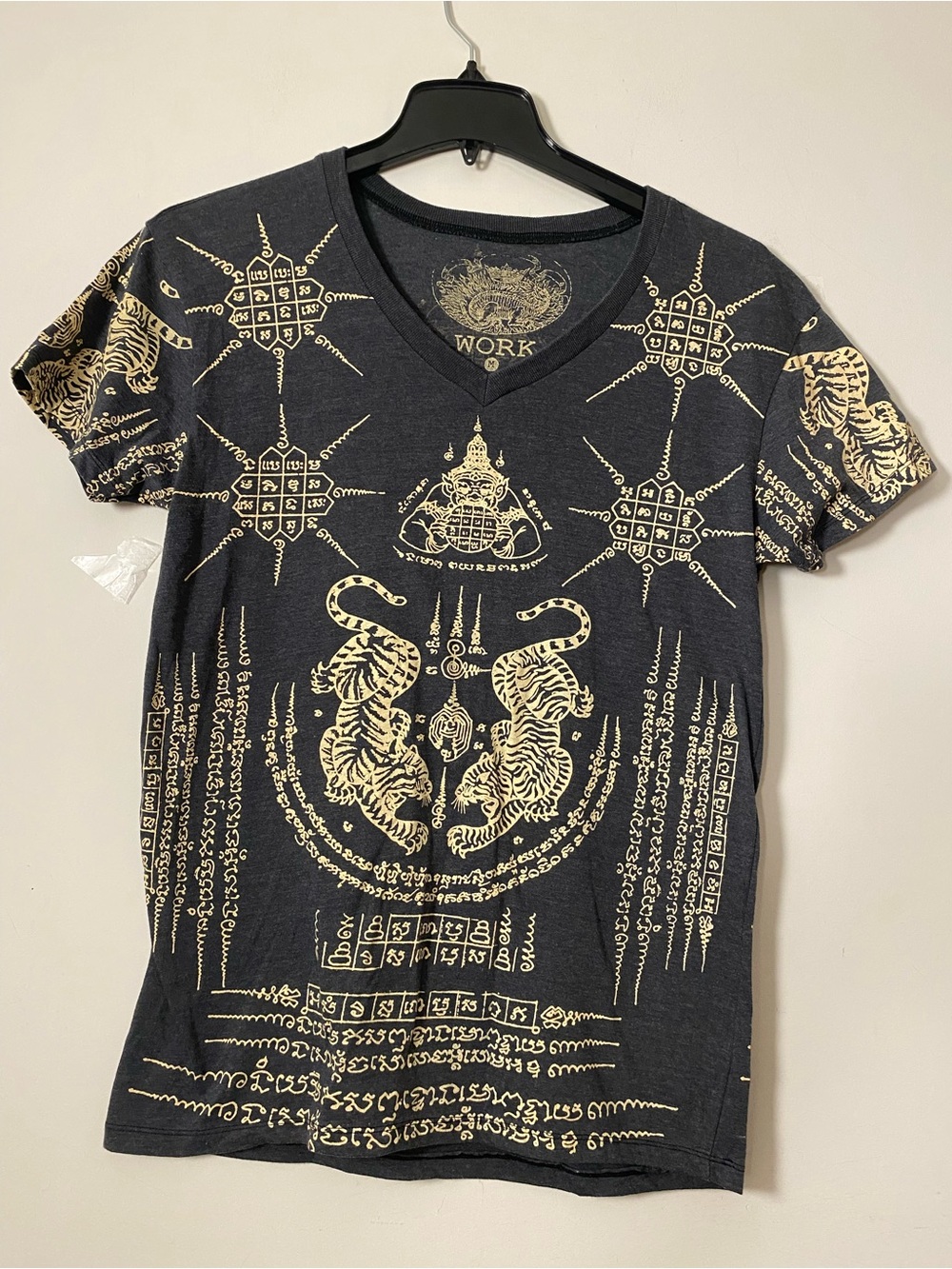 100% Cotton Black V-Neck Graphic Tee with Gold Print